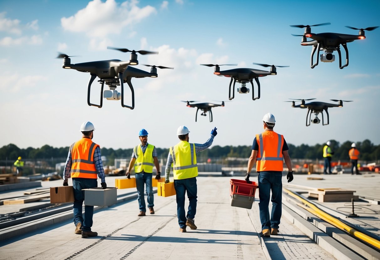 A construction site with various drones flying and working alongside workers, carrying materials and performing inspections