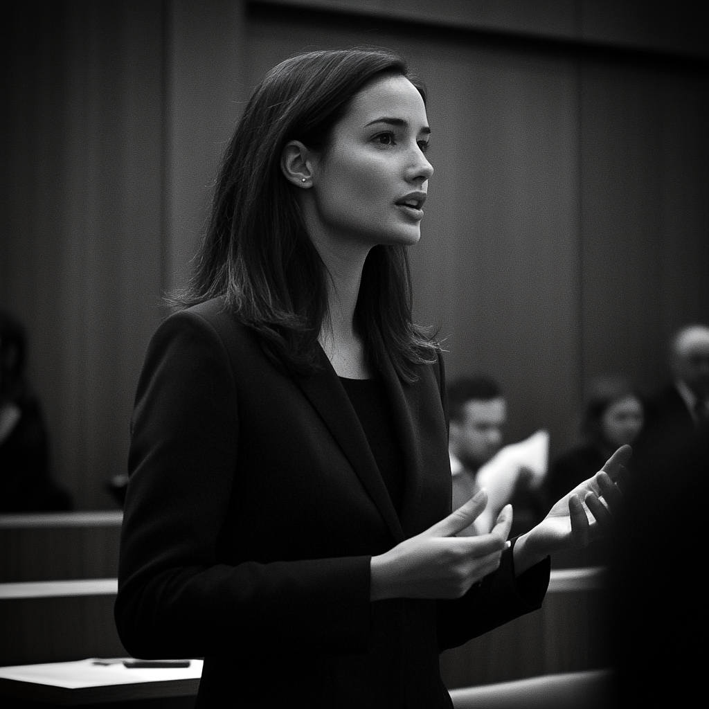 A woman speaking in court | Source: Midjourney