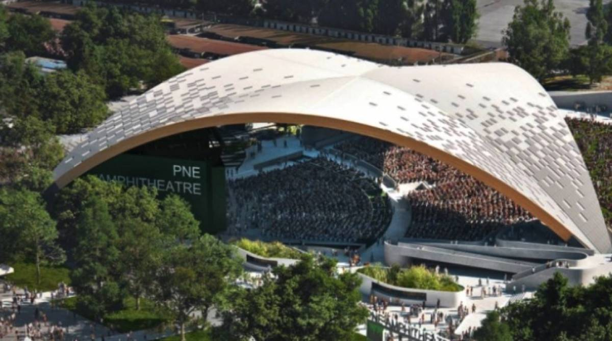 An artist's rendering of an outdoor music venue, with tiered seating and an arched roof