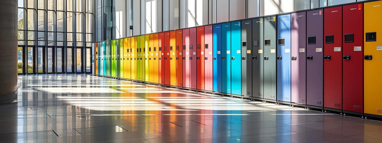 a sleek, modern office environment displays an array of colorful and secure storage lockers, symbolizing the strategic investment opportunities available to organizations in education, healthcare, and corporate sectors amidst favorable market conditions.