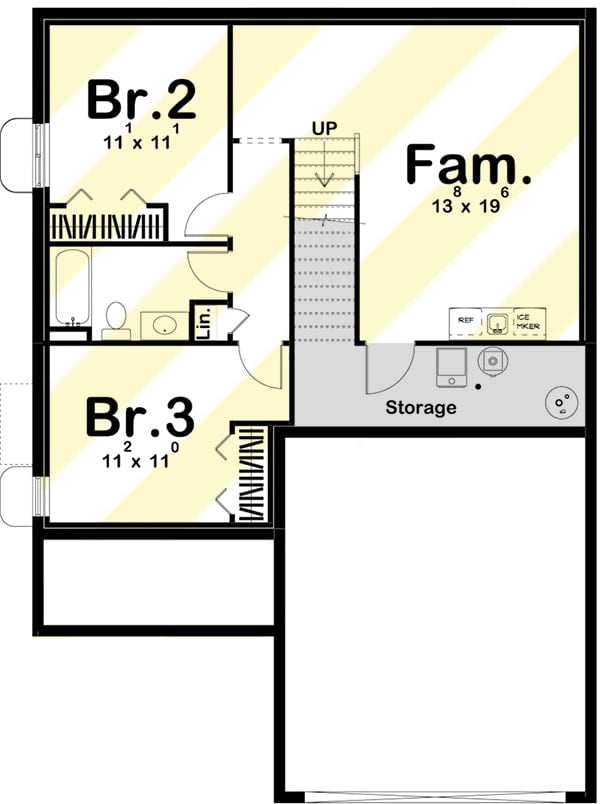 Optional lower level floor plan with two more bedrooms and a family room with a wet bar and storage space.