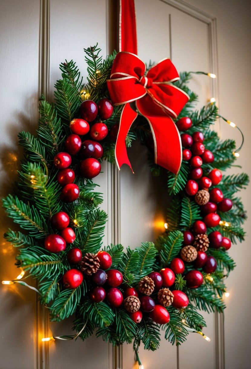 A lush, circular wreath made of cranberries and pine branches, adorned with festive red ribbon and twinkling lights