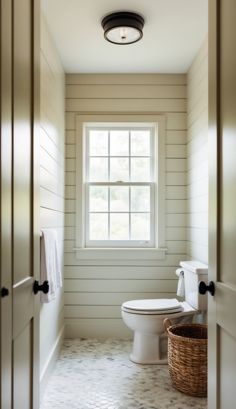 A serene bathroom with thin shiplap planks lining the walls, creating a cozy and rustic atmosphere