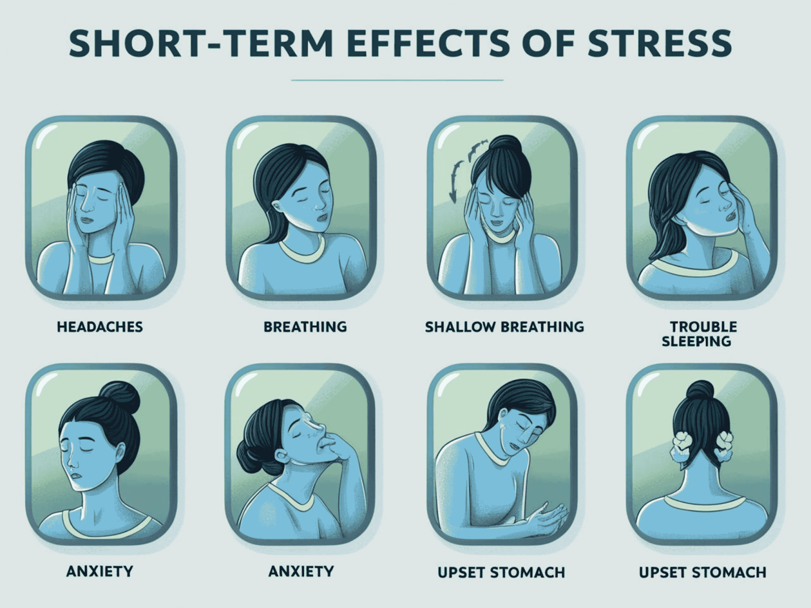 Illustration of short-term effects of stress: headaches, anxiety, shallow breathing, and trouble sleeping.