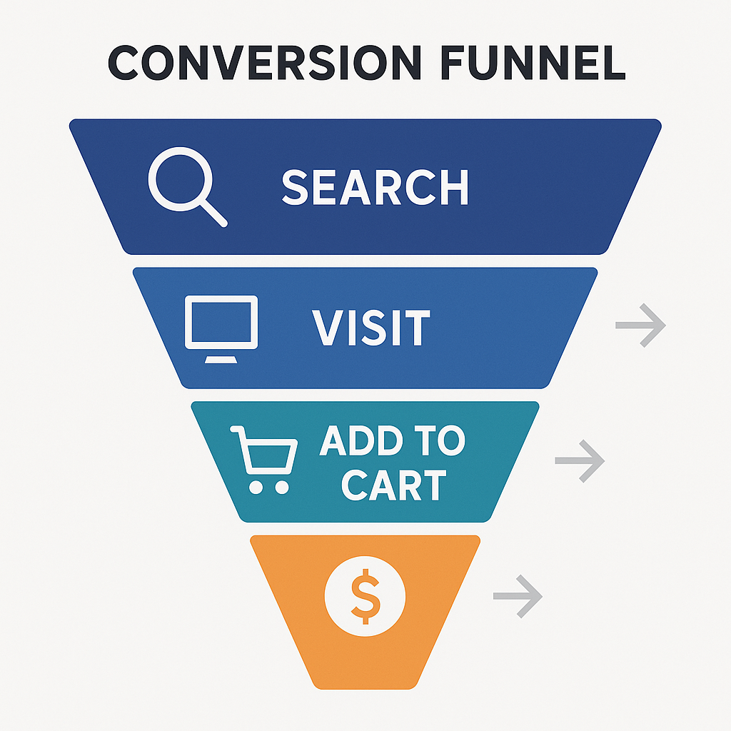Ecommerce conversion funnel showing customer journey from SEO traffic to completed purchase