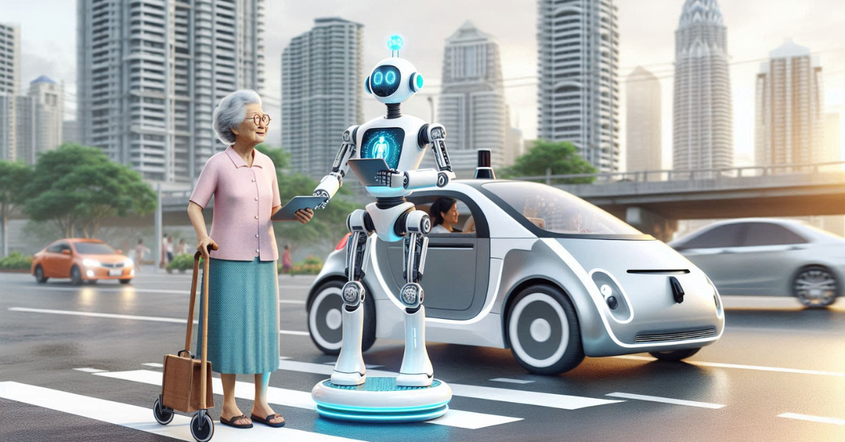 An elderly person with grey hair, wearing glasses and a light purple shirt, stands next to a humanoid robot on a city street. The robot has a blue and white body with digital screens on its chest and head displaying heart-like symbols, suggesting a friendly interaction. In the background, an autonomous car with an open door indicates the robot may be assisting the elderly person with transportation.