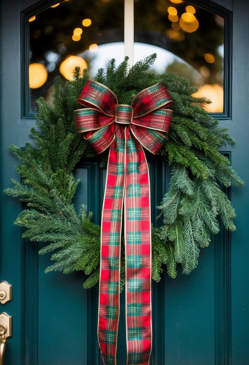 A plaid bow adorns an evergreen wreath hanging on a door