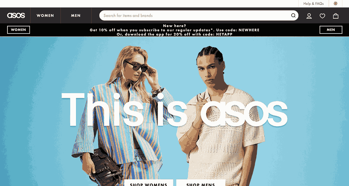A screenshot of ASOS homepage as one of the fashion brands looking for influencers