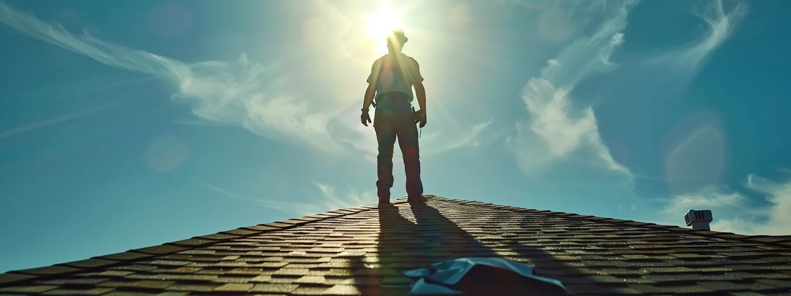 a professional roofer inspecting a well-maintained shingle roof under the bright new orleans sun.