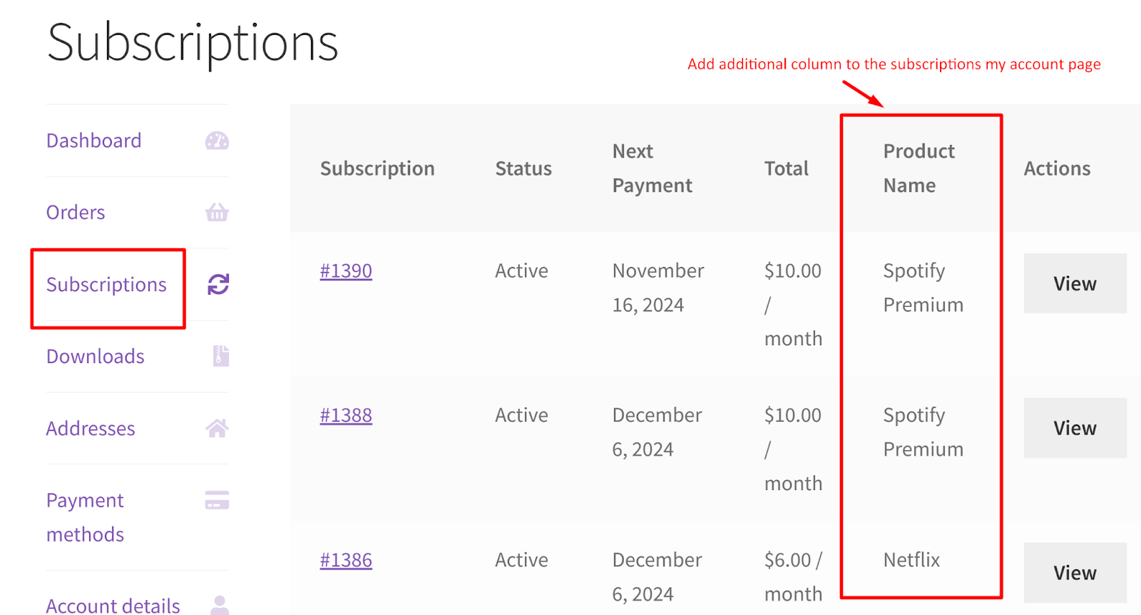 How to Add an Additional Column to the WooCommerce Subscription Table on the My Account > Subscriptions page? - Tyche Softwares