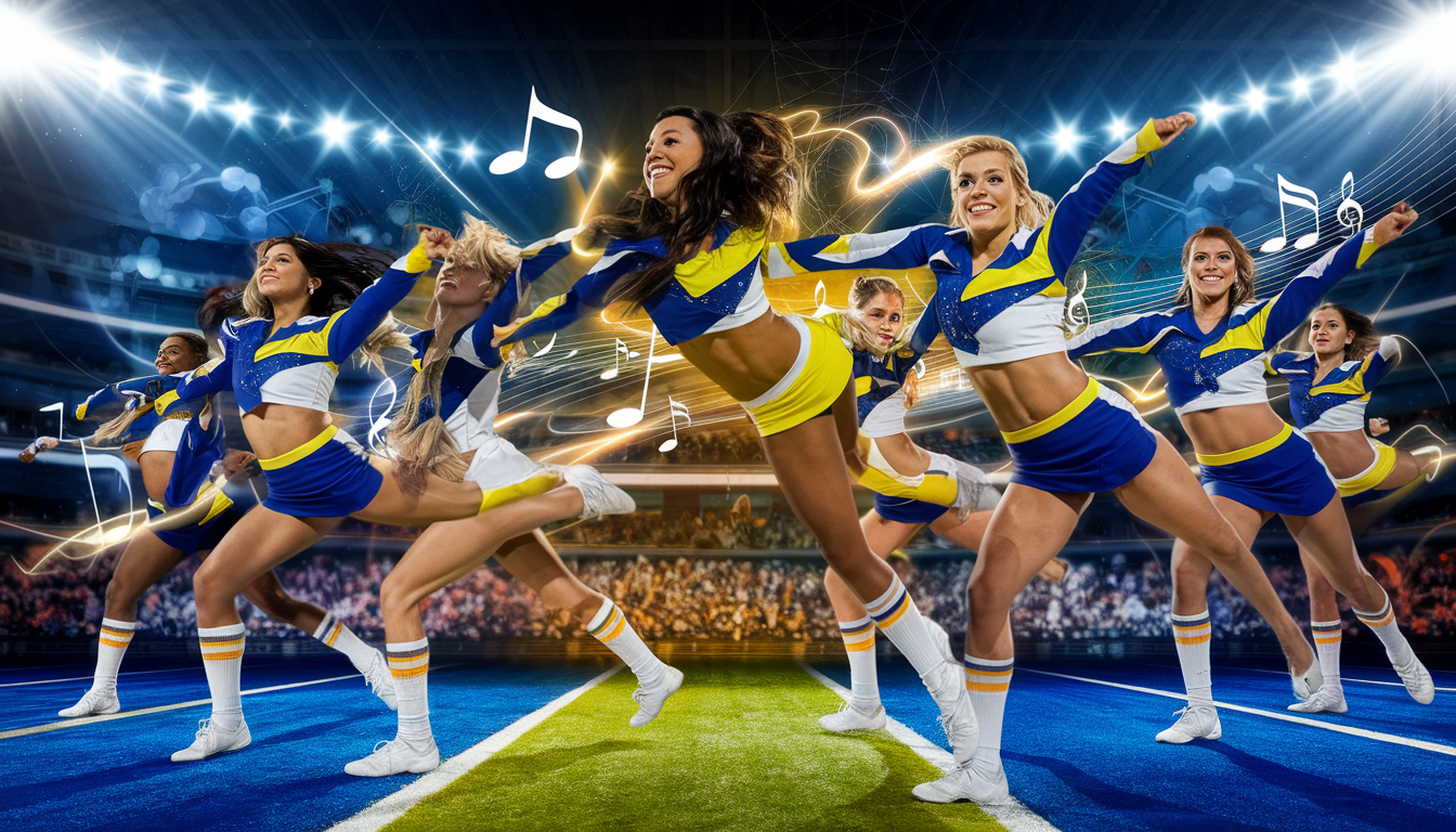 Cheerleaders in vibrant uniforms perform energetically in a colorful stadium with a hint of a lively audience and abstract musical elements.