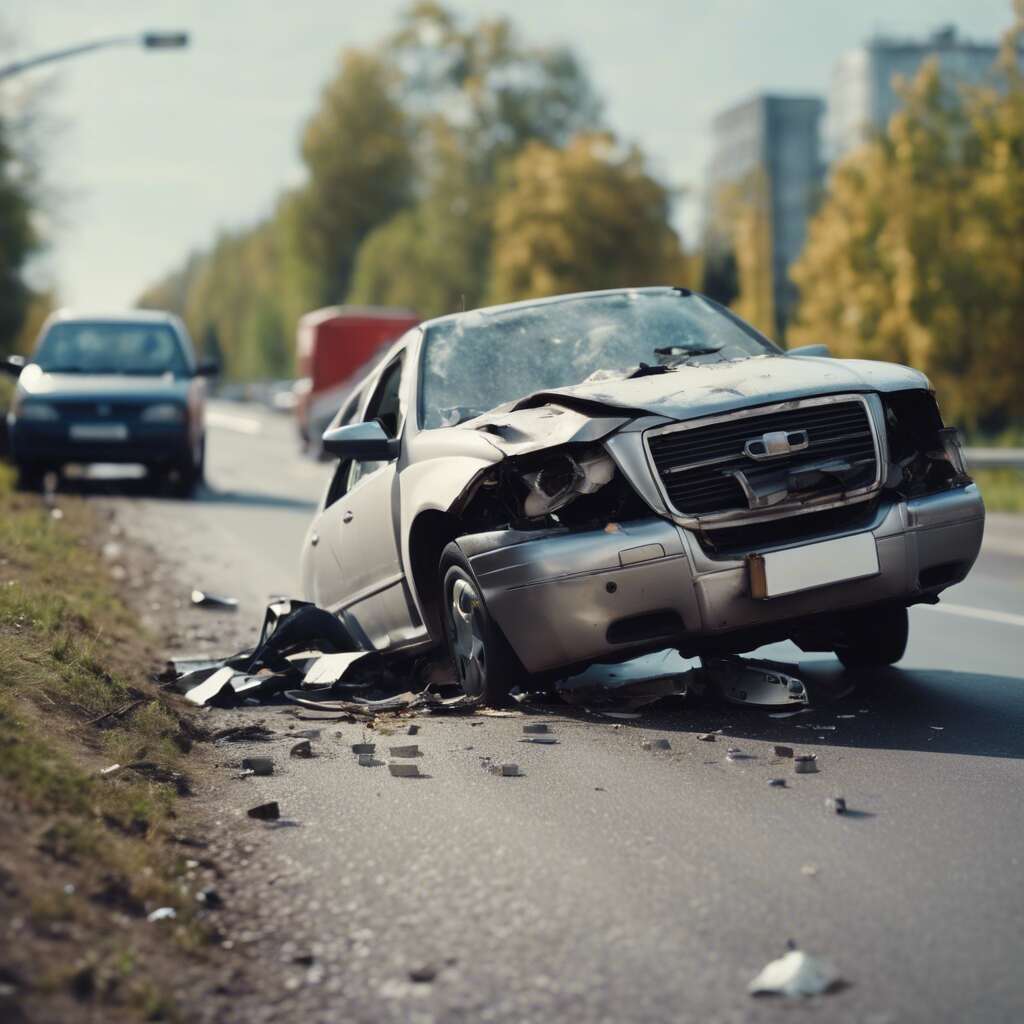 Truck accident scene with a car where the truck driver left the scene immediately after the accident. 