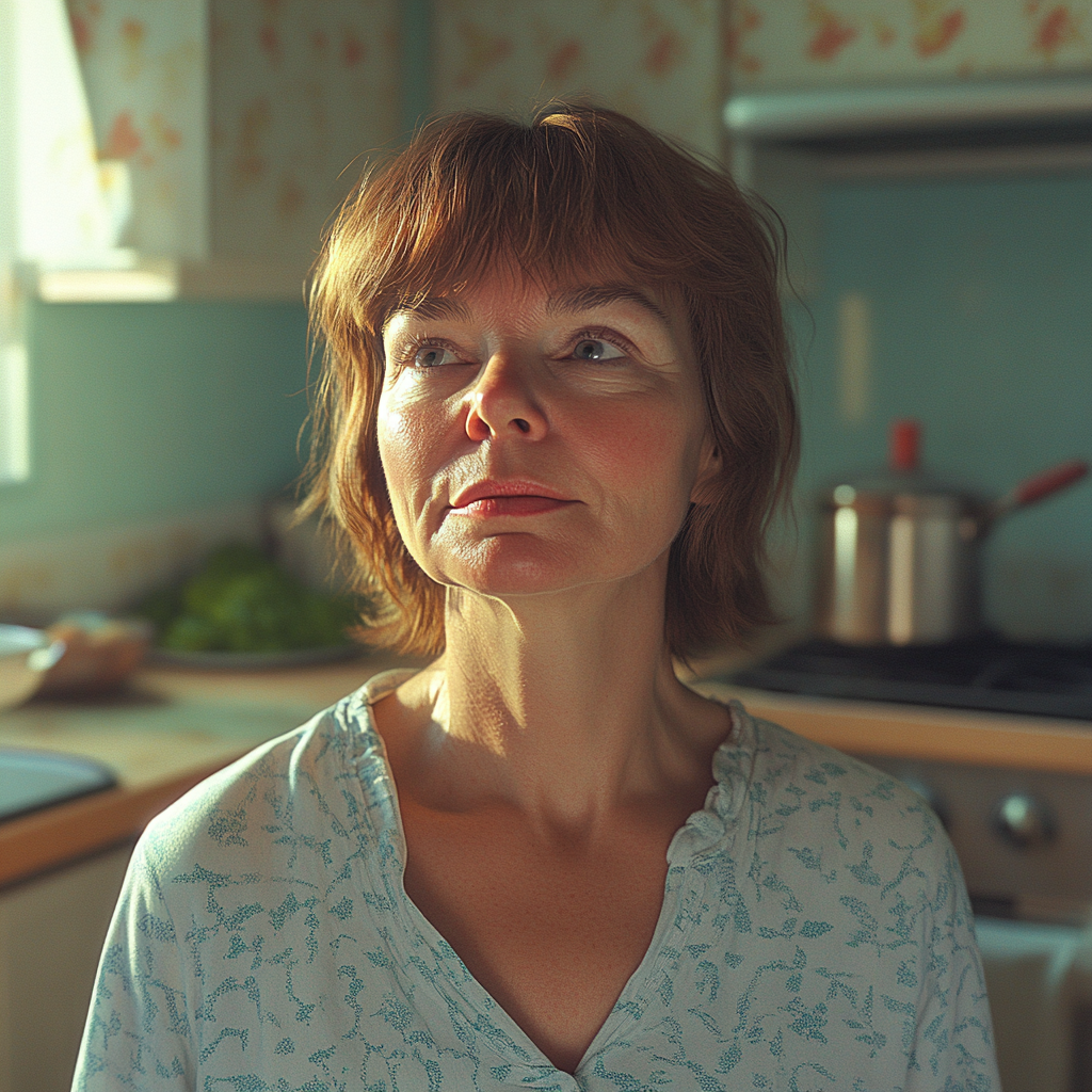 A woman looking at her husband in the kitchen | Source: Midjourney