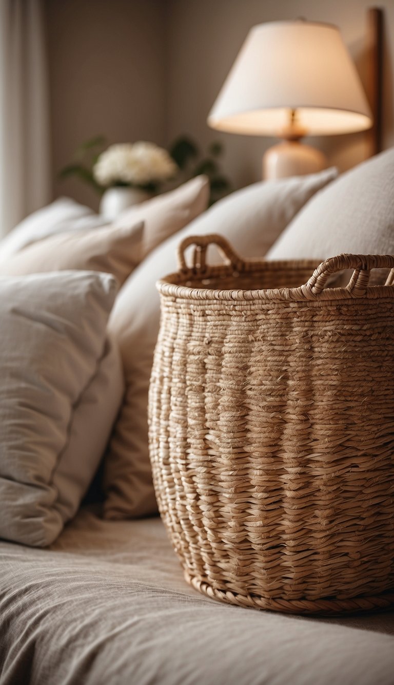 A stack of natural fiber baskets sits in a serene, neutral-toned bedroom, adding texture and warmth to the minimalist decor