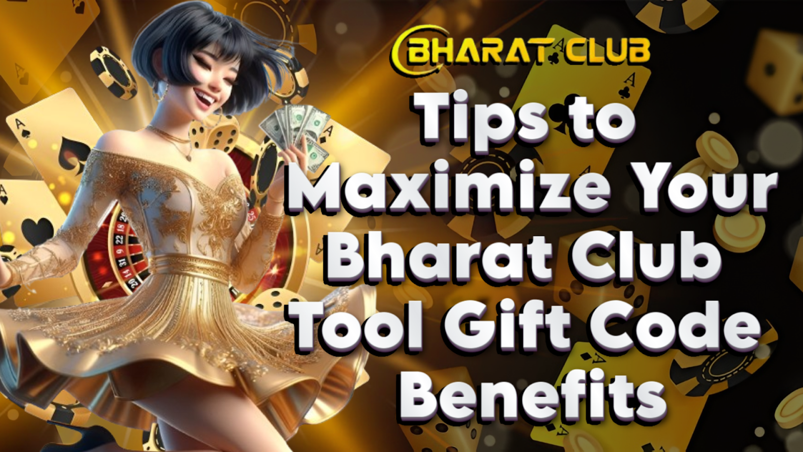 A digitally illustrated, smiling woman wearing a glamorous, gold-trimmed dress. She’s holding a fan of cash and appears excited, emphasizing luck or reward. The character helps convey joy, winnings, and success.