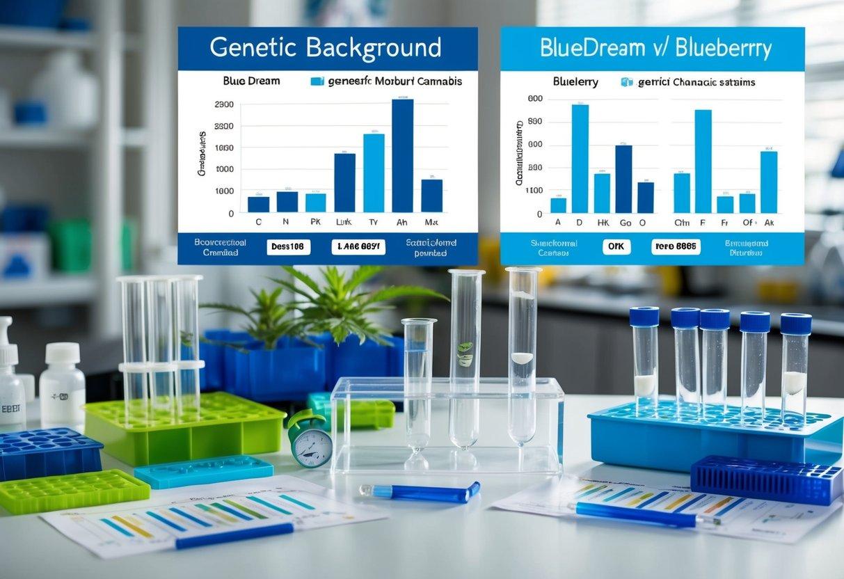 A laboratory table with test tubes and scientific equipment, surrounded by charts and graphs comparing genetic backgrounds of Blue Dream and Blueberry cannabis strains