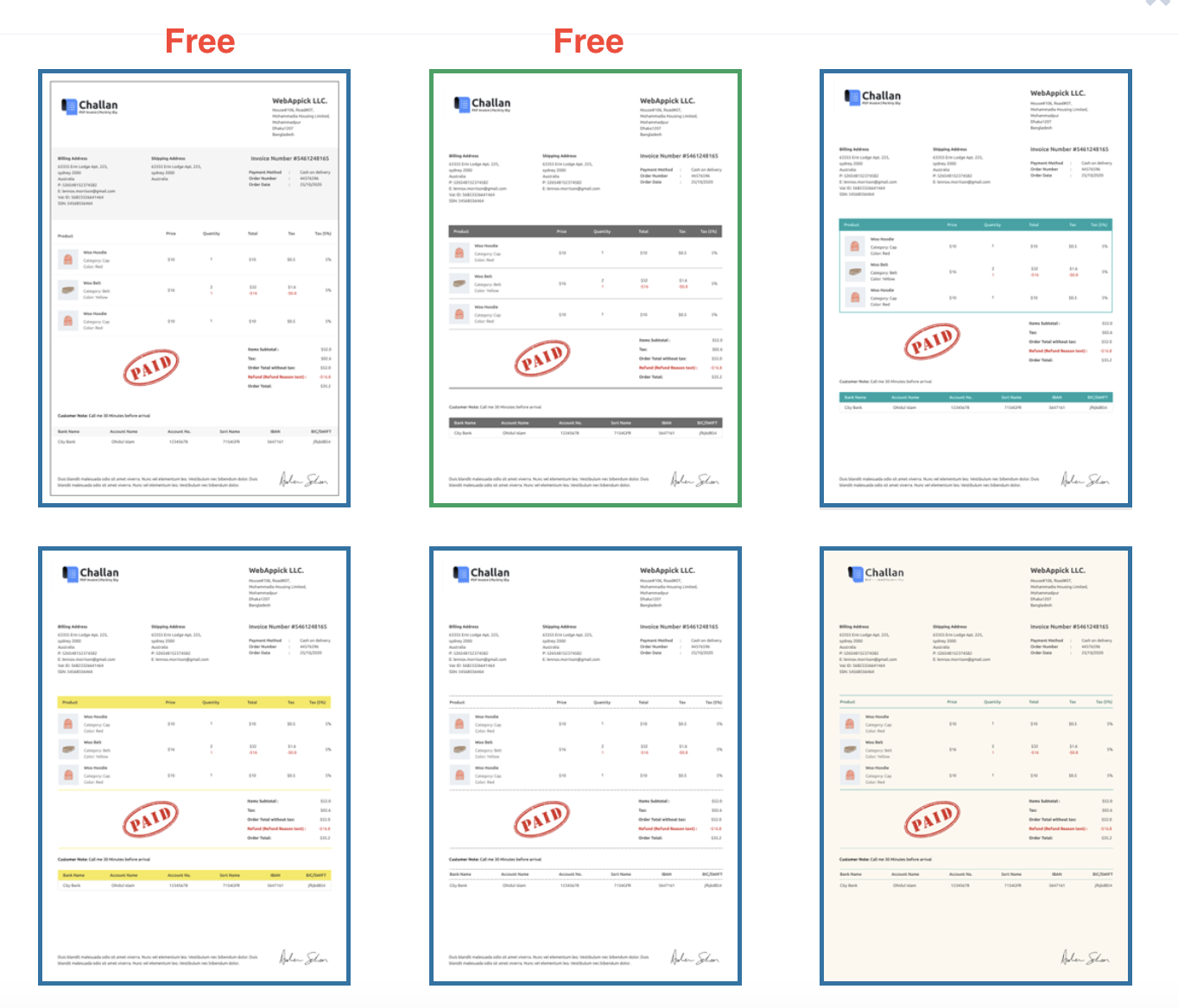 custom templates to create pdf invoice in woocommerce