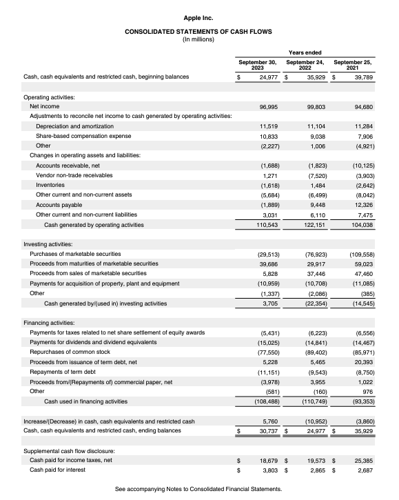 A close-up of a financial statement for Apple.