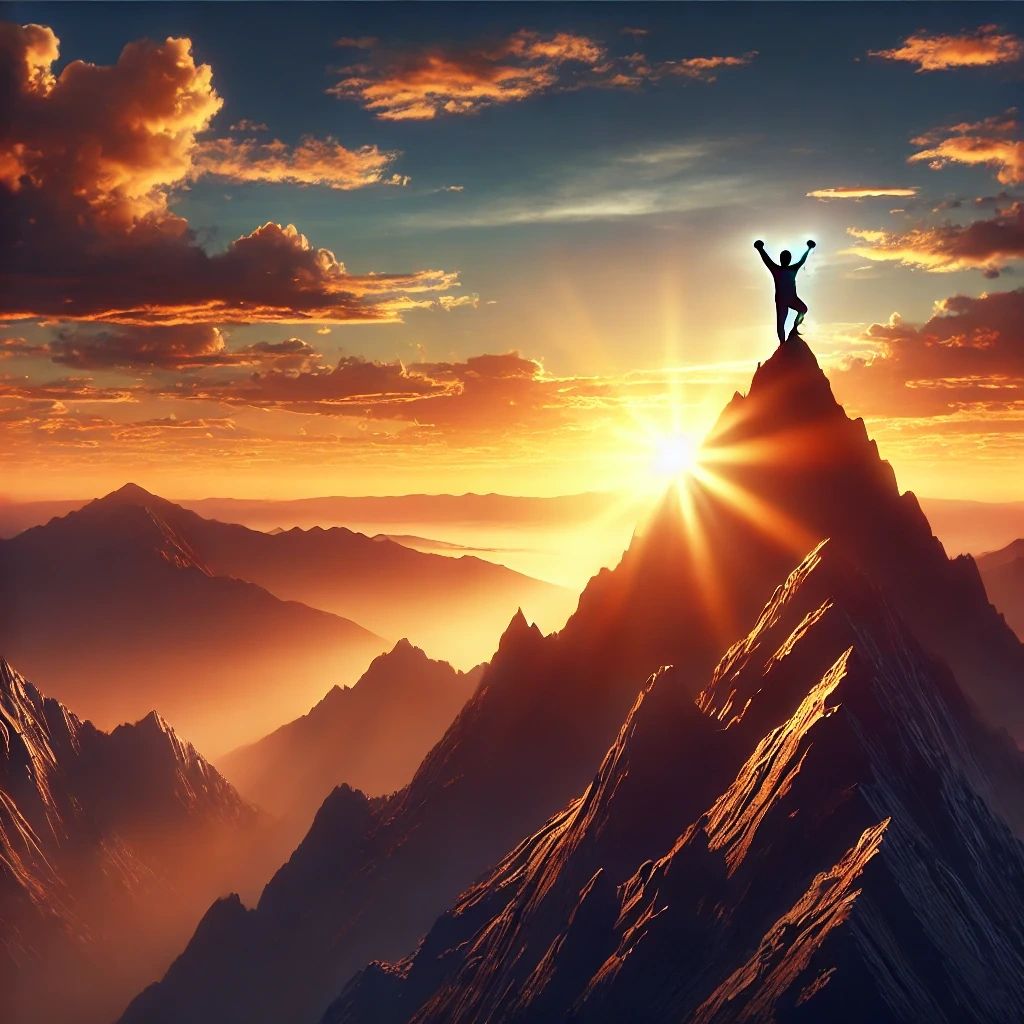 A person triumphantly reaching a mountain peak at sunset, symbolizing the journey of self-awareness and self-improvement leading to personal growth and achievement.
