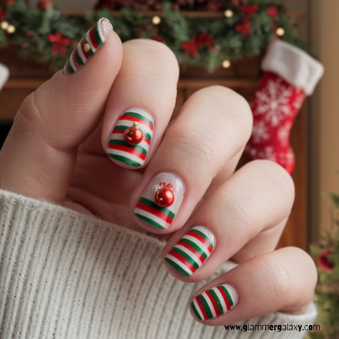 Christmas holiday Nails having Christmas Baubles
