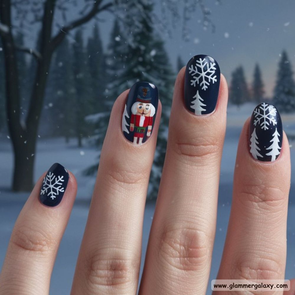 Dark Winter Nails having Nutcracker-Inspired Art
