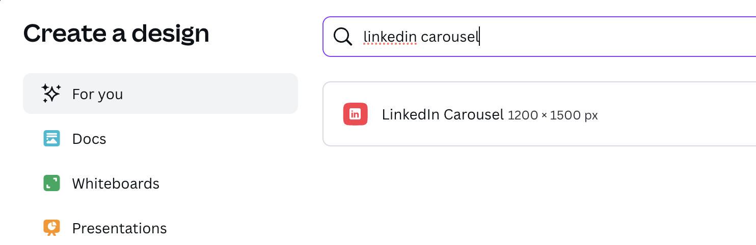 Screenshot of Canva search bar, with "linkedin carousel" typed in and the linkedin carousel option popping up