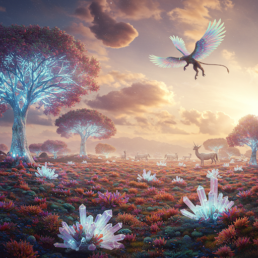 AI-generated surreal landscape with mythical creatures.