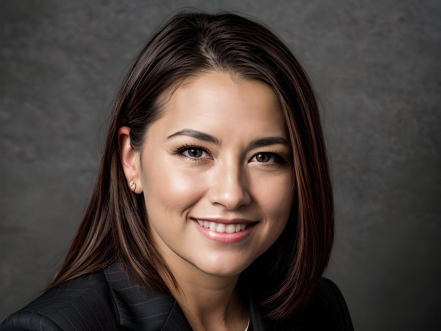 A woman wearing her hair neat and slick for her professional headshot