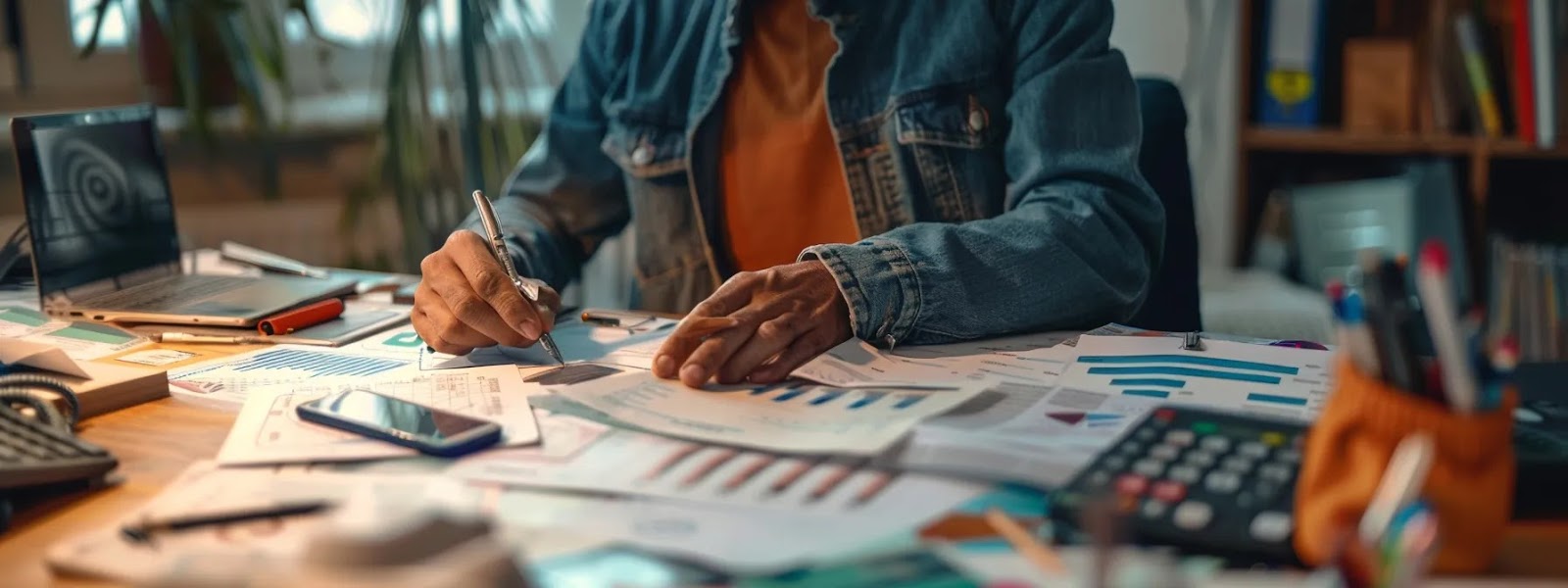 a person comparing different car insurance policies on a desk cluttered with insurance documents and charts.