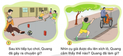 BÀI ĐỌC 3: TRẬN BÓNG TRÊN ĐƯỜNG PHỐĐỌC HIỂUCâu 1: Tìm đoạn văn ứng với mỗi ý sau:a) Trận bóng gây nguy hiểm cho người chơi bóng.b) Sự ân hận của Quang.c) Trận bóng gây nguy hiểm cho người đi đường.Giải nhanh:a) Đoạn đầu tiên, từ đầu đến  Sợ quá, cả bọn chạy tán loạn.