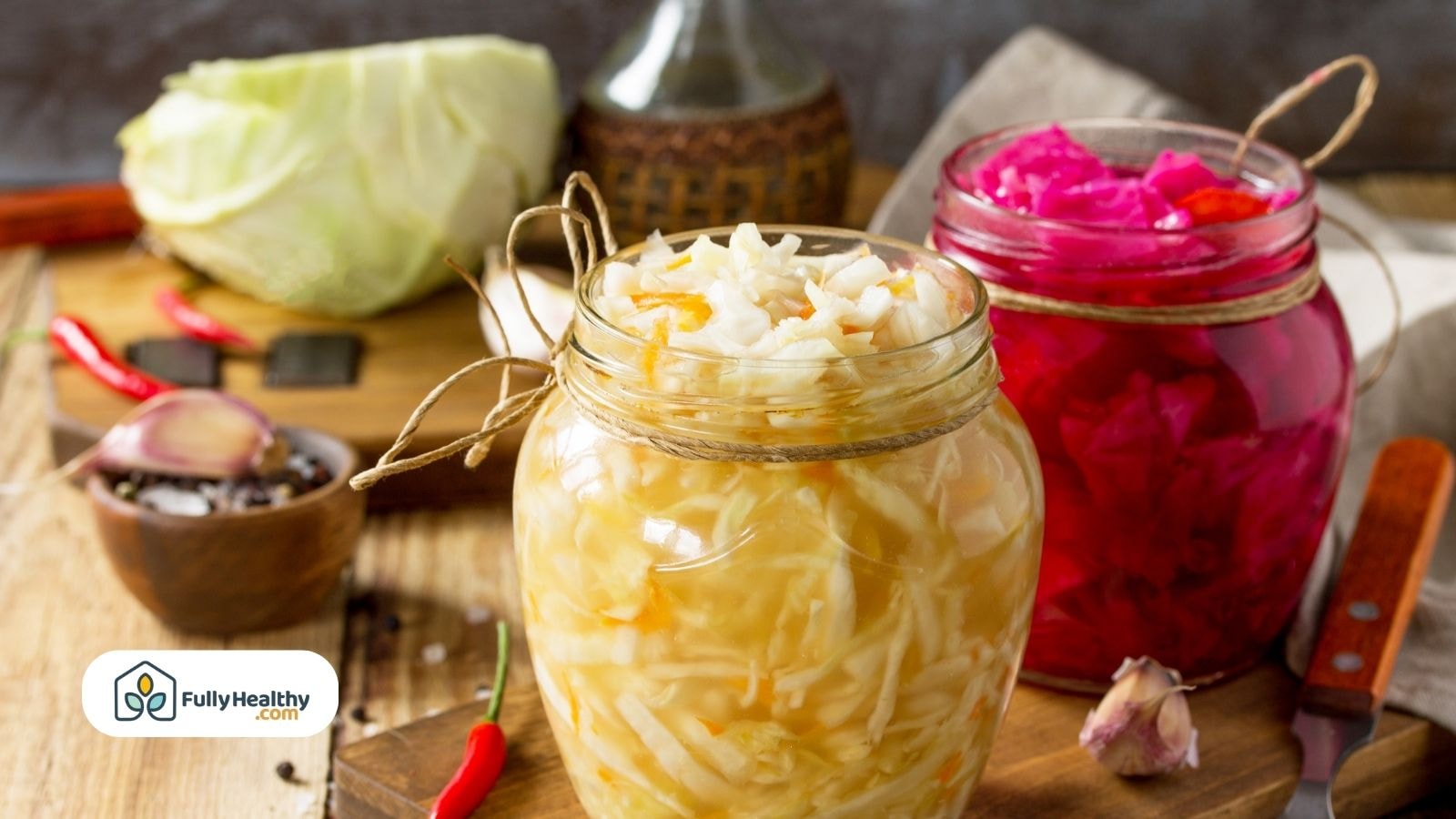 Glass jars of homemade sauerkraut and kimchi with fresh cabbage