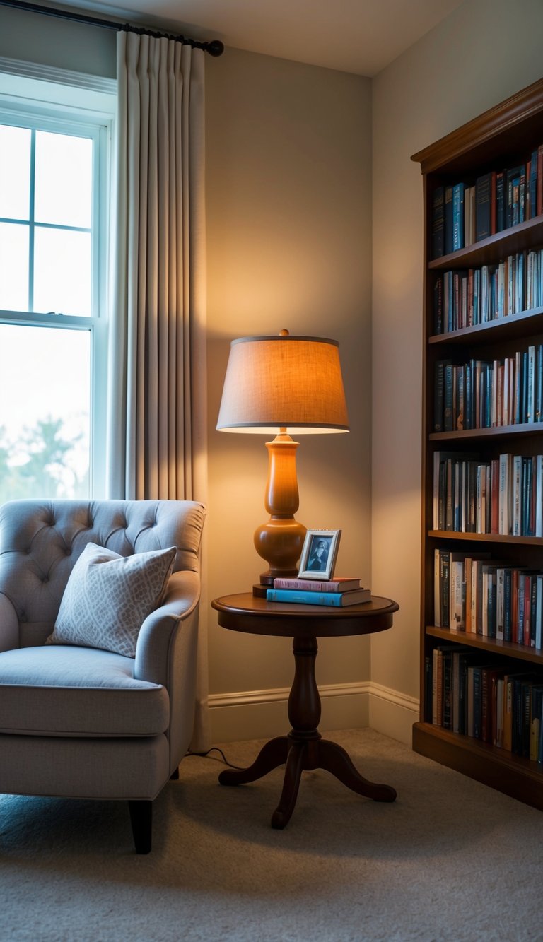 A plush armchair and side table with a warm lamp sit beside a bookshelf filled with books in a corner of a softly lit guest bedroom