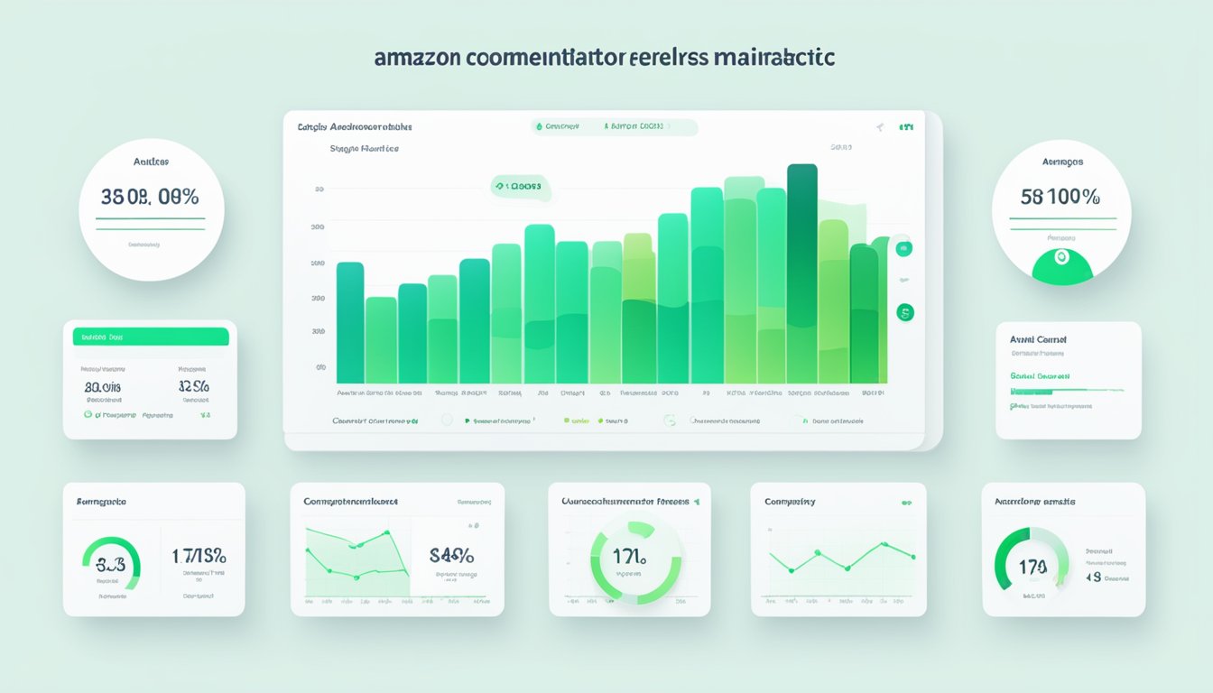 An Amazon account dashboard displays green health indicators for performance, policy compliance, and customer metrics