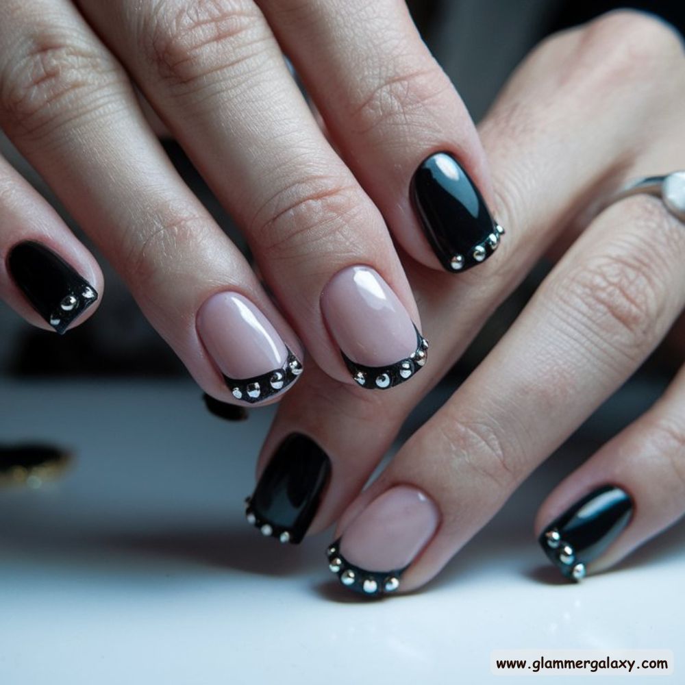 Black Fall Nails having Studded Frenchies
