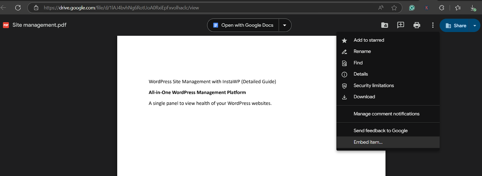 Click the 3-dot menu → Select “Embed Item”