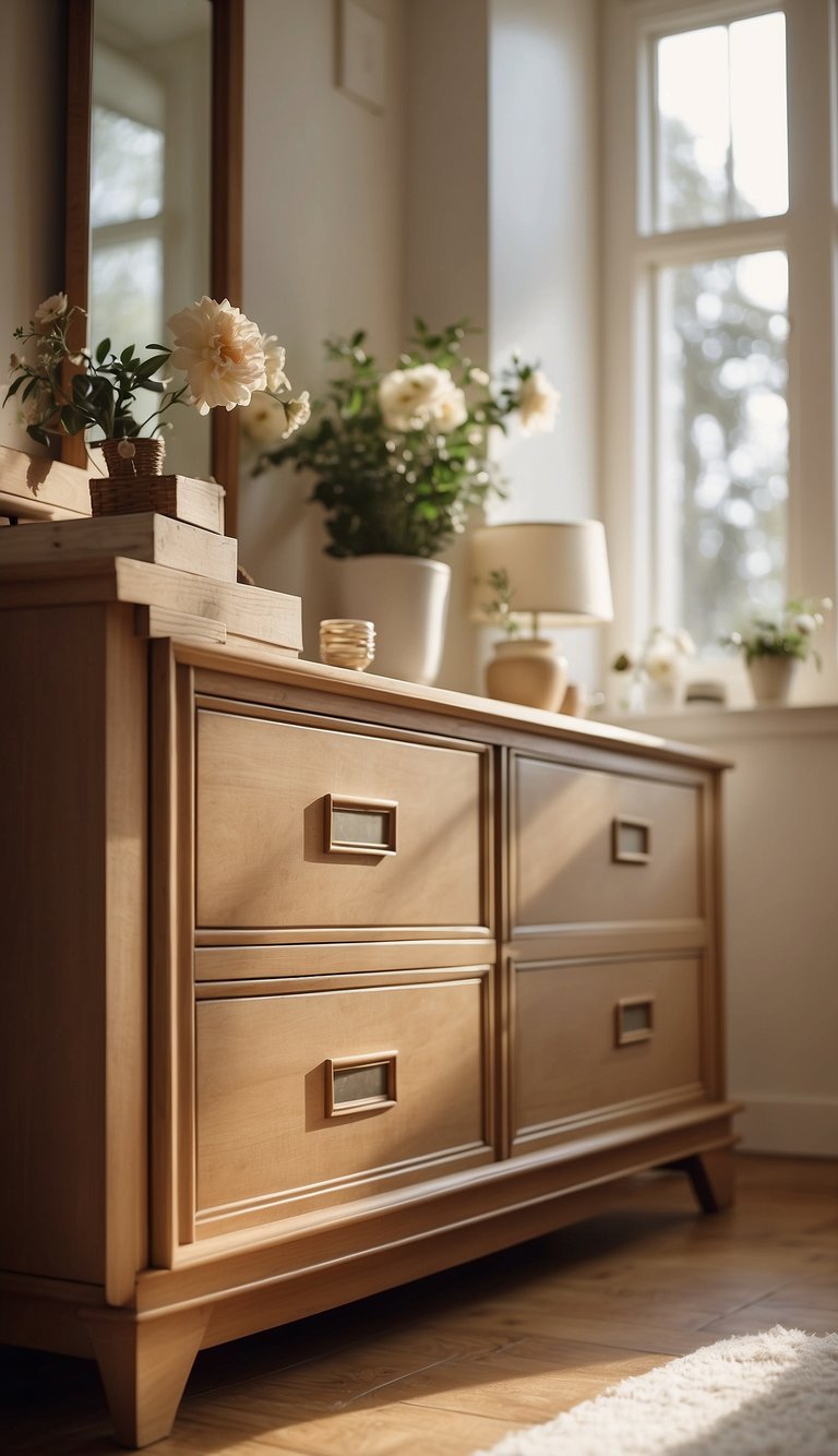 A tan dresser sits in a neutral bedroom. Soft natural light filters through the window, casting a gentle glow on the simple, uncluttered space