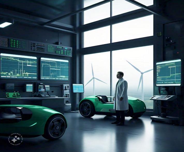 A person standing in a room with a green car and screens<br />
<br />
Description automatically generated