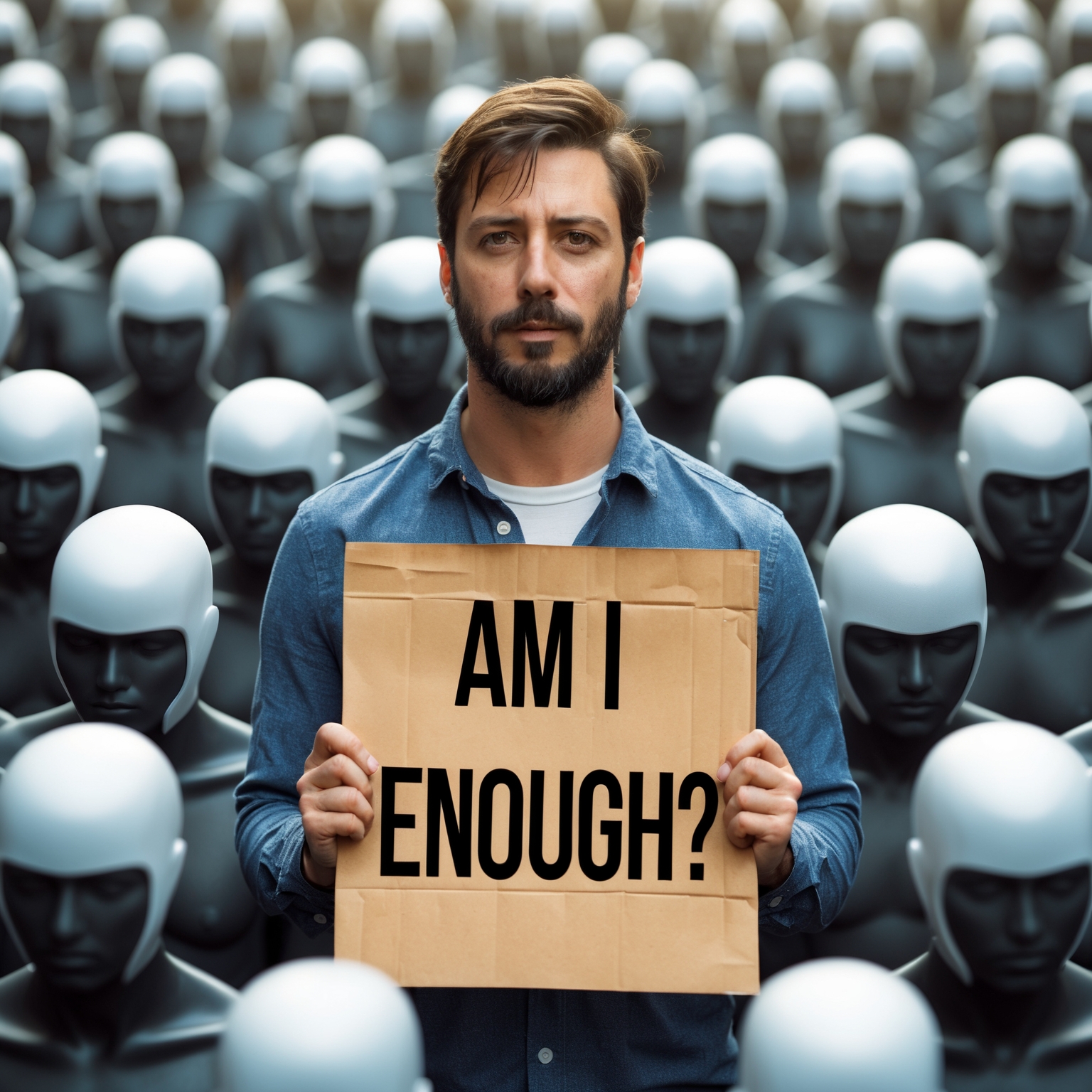 A man holding a sign that says, “Am I Enough?” while standing in a crowd of faceless figures – Symbolizing the struggle for validation.