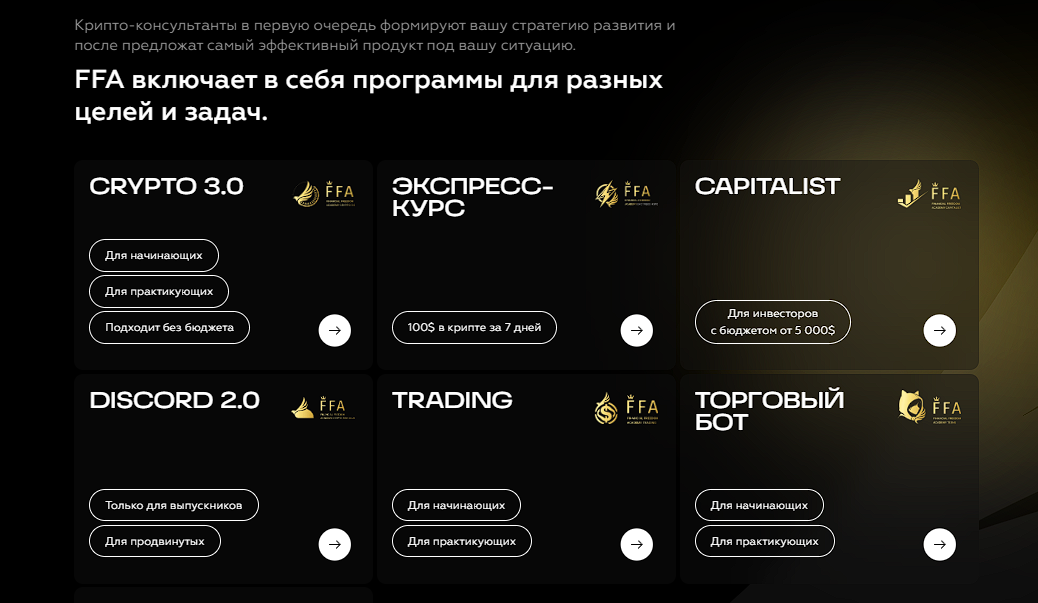 Курси FFA з крипти скріншот з сайту