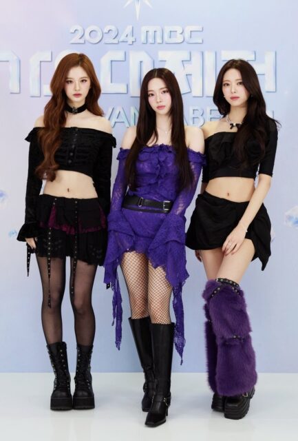 This contain an image of aespa's Karina, ITZY's Yuna, and NMIXX's Sullyoon 