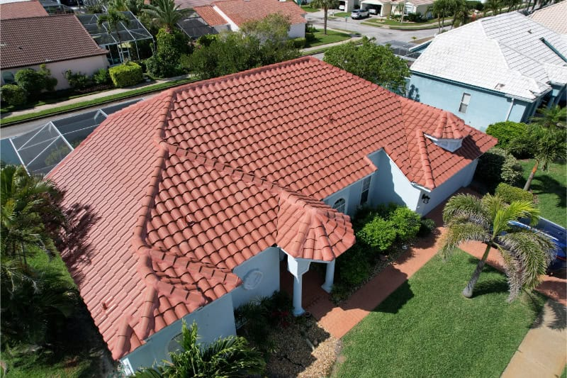 house with metal tile roofing