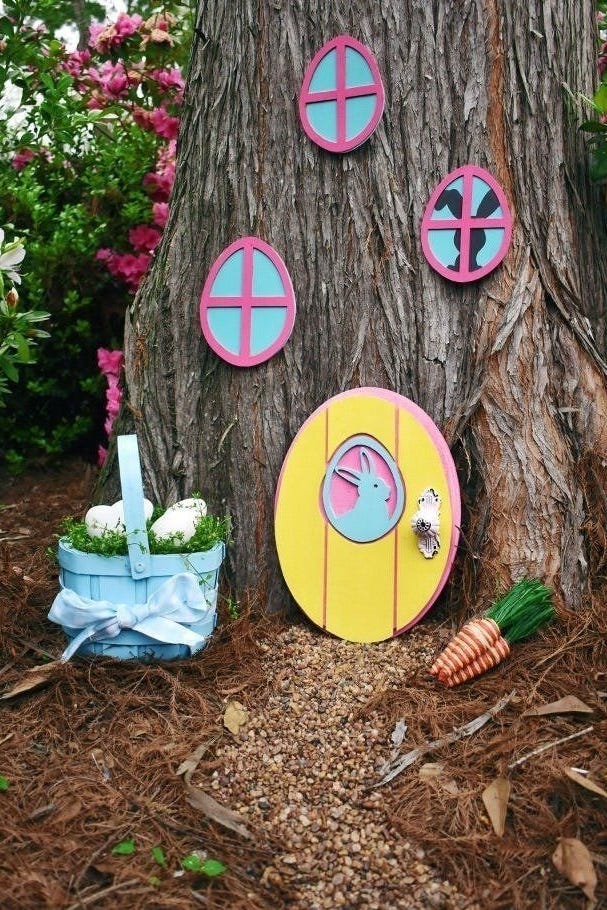 easter egg hunt ideas, diy round doors for bunnies against the tree