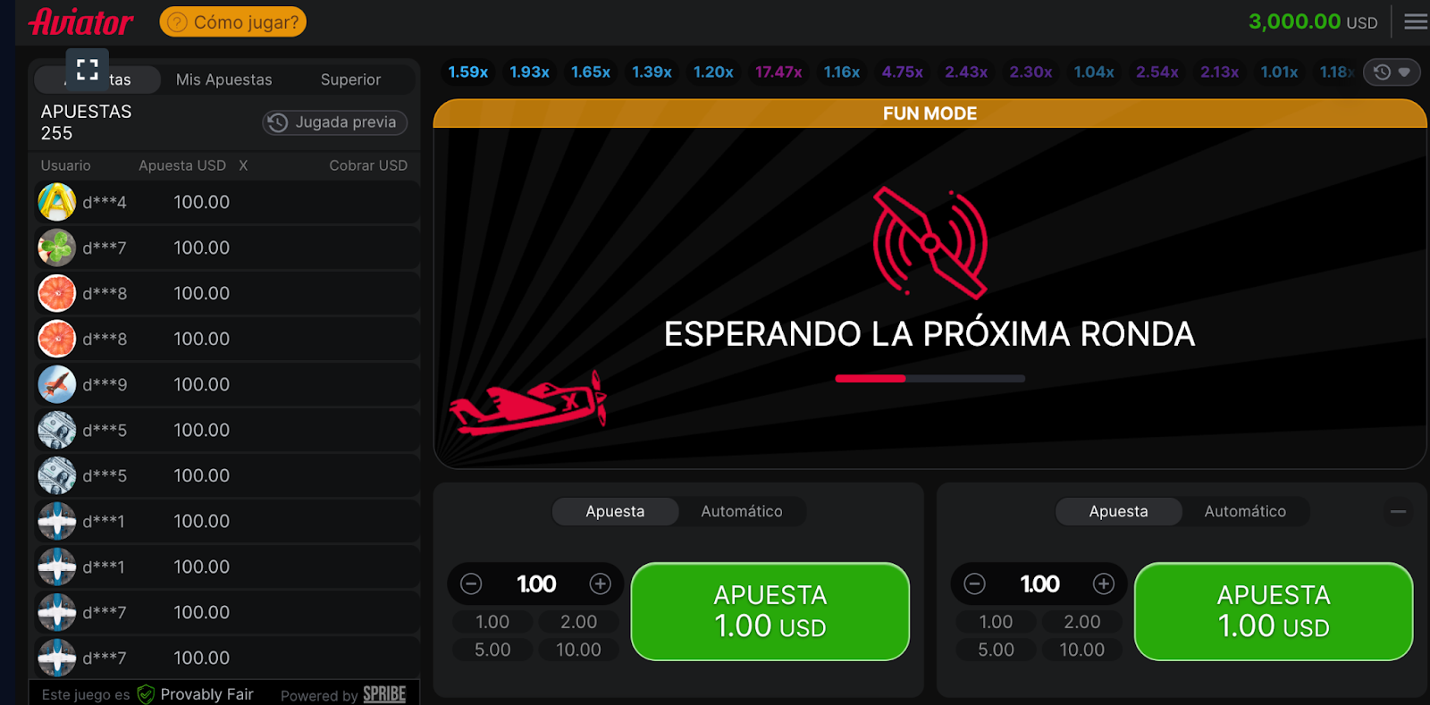 Pantalla del juego Aviator mostrando apuestas activas y valores de multiplicador en la plataforma 1Win.