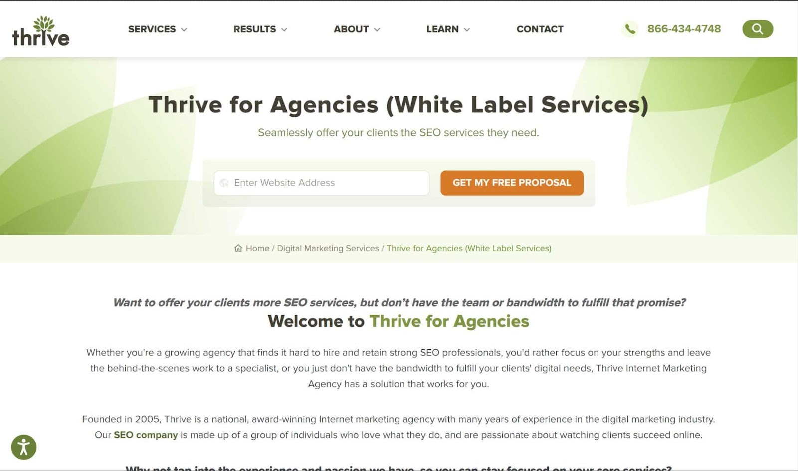 Screenshot of Thrive White-Label Marketing Agency website