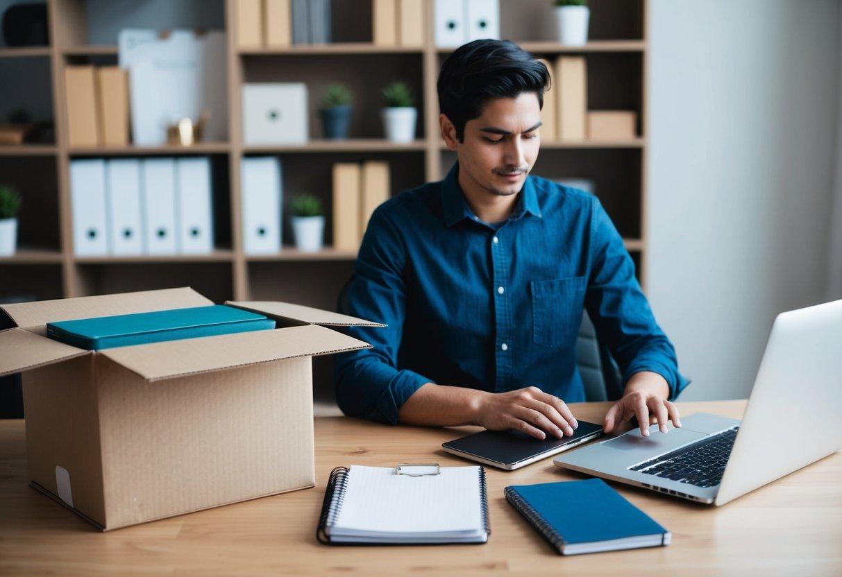 A person sitting at a desk in an office, packing up belongings into a box. A laptop and notebook are open, indicating a transition to freelance writing