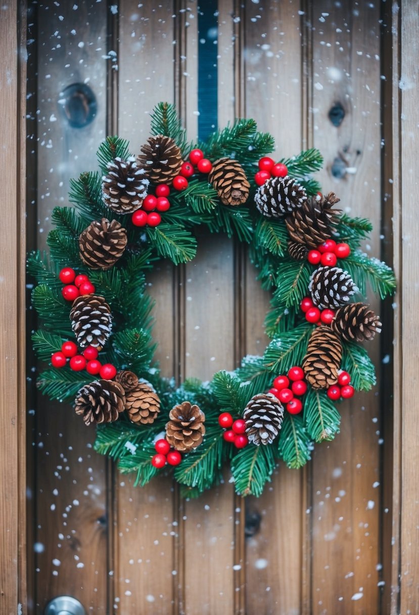 A wreath made of berries and pinecones hangs on a rustic wooden door. Snowflakes fall gently in the background, creating a serene winter scene