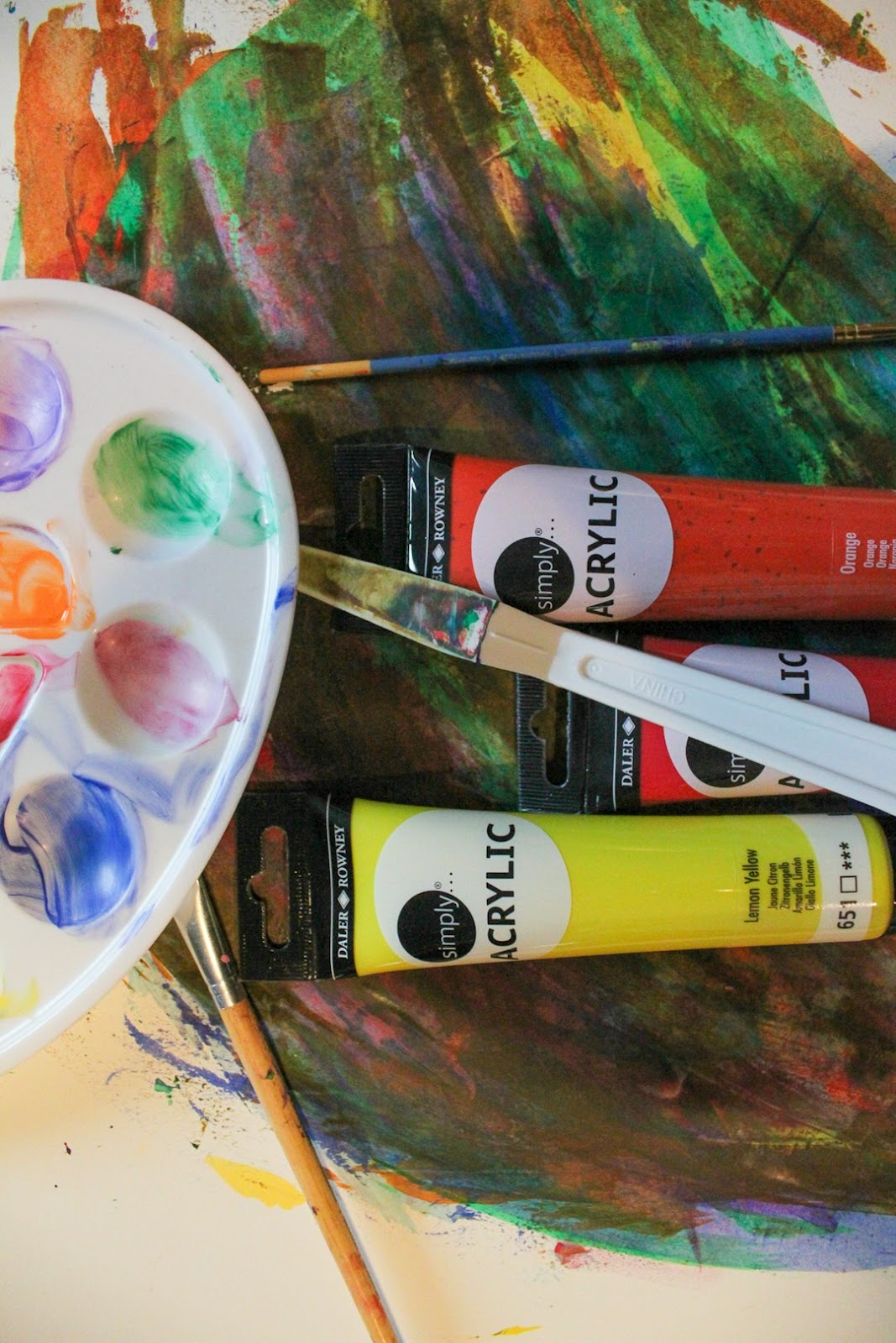 Painting supplies and color swatches