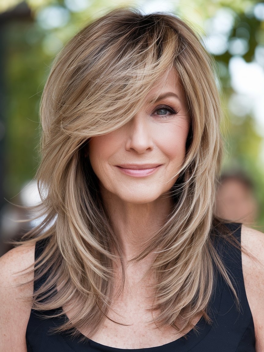 2. Feathered Layers with Side-Swept Bangs