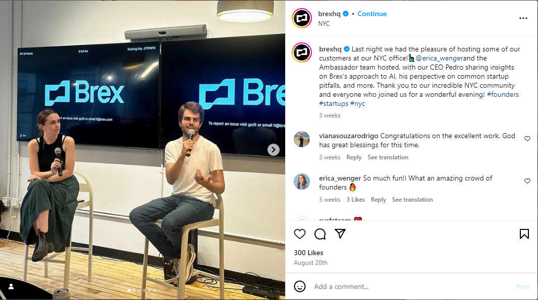 Brex event photo example on Instagram.