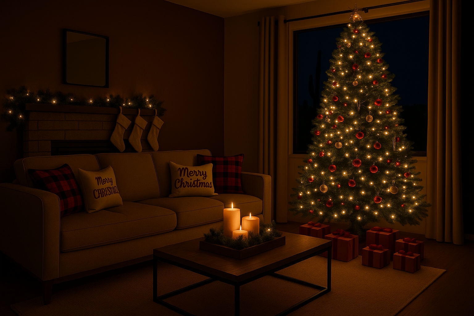 Artificial Christmas tree in a desert-themed holiday living room with string lights and gifts beneath.